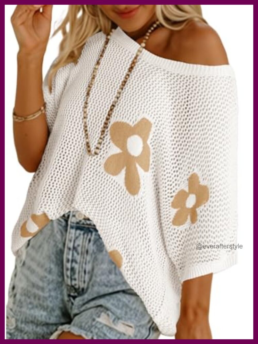 Crochet Floral Short Sleeve Knit Pullover Sweater Coverup